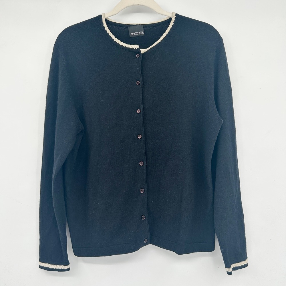 MAGASCHONI FOR BLOOMINGDALES Womens Black Cardigan Sweater Button Up Knit Trim